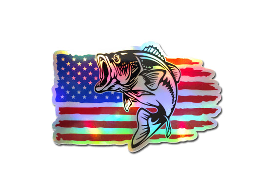 American Flag Bass Fishing Holographic Decal Window Car Truck Sticker