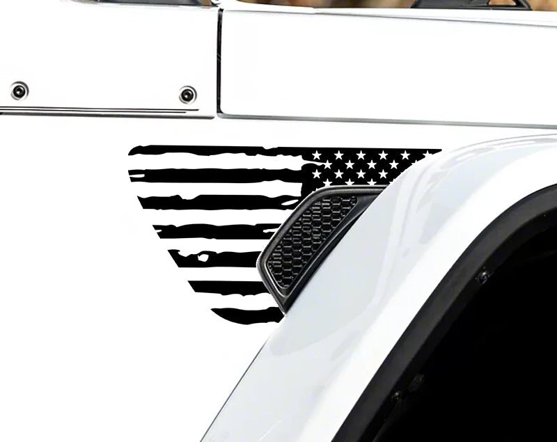 JL Fender Side Vinyl Decals Distressed Flag 1 Pair compatible with 2018-2023 Jeep Wrangler and Gladiator