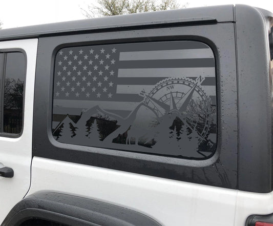 American Flag Mountain Compass Window Graphic Decal for Jeep Wrangler JL 2018-2025
