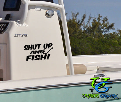 Shut up and Fish Fishing Decal Sticker Custom Outdoor Vinyl Decal Sticker Car Truck Boat Windows Doors Walls